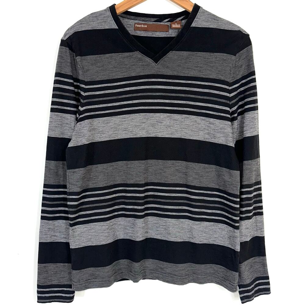 Perry Ellis Striped Black Grey V-Neck Long Sleeve Cotton T-Shirt Size Small